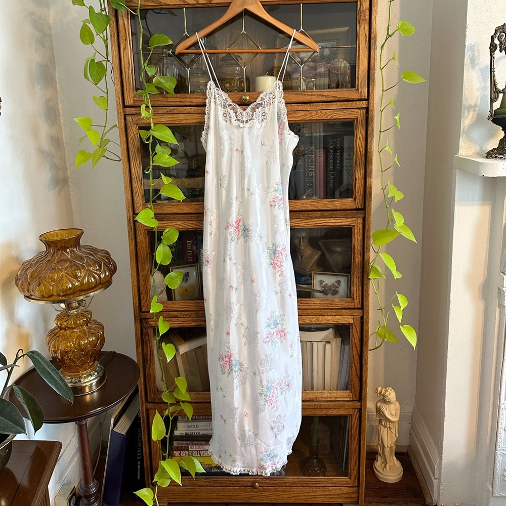 Vintage christian dior designer slip dress night gown floral lace maxi dress